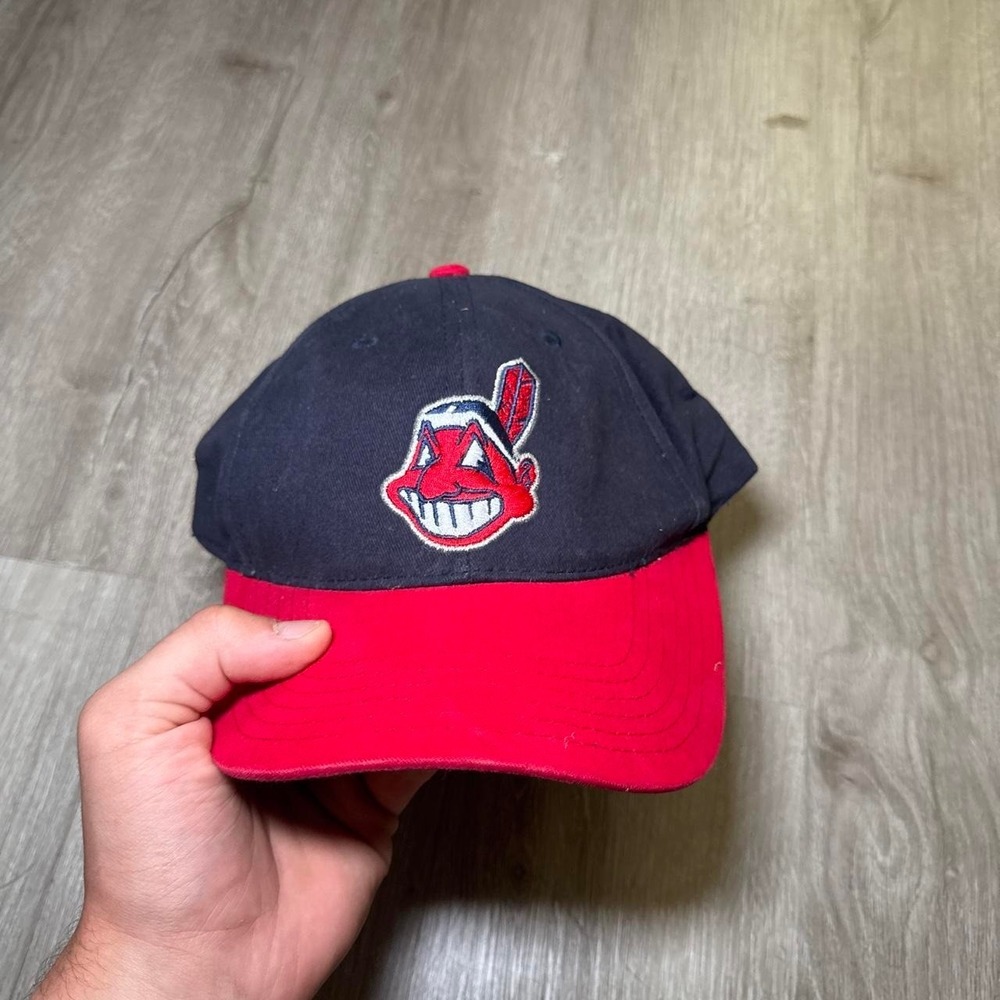 Cleveland Indians baseball cap with red and navy blue color blocking and red